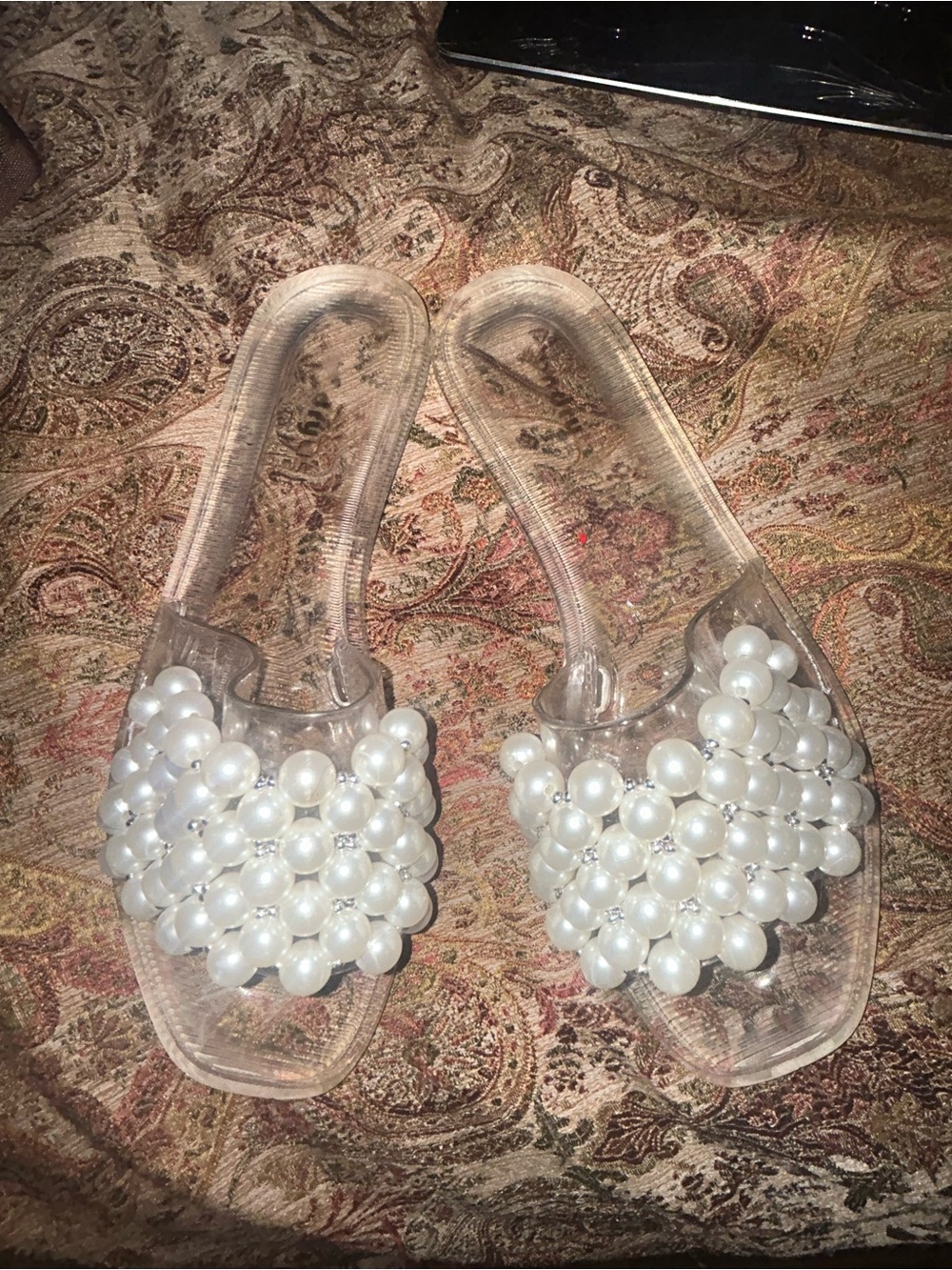 Pearl-Embellished Clear Slide Sandals - White